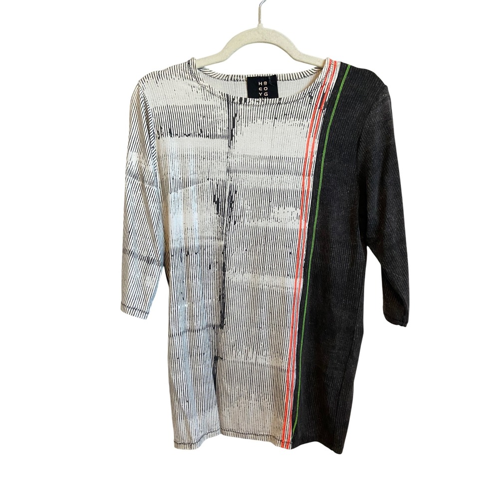 Heyne Bogut Hand Printed Asymmetrical Tunic Top White Black Grey Size 3